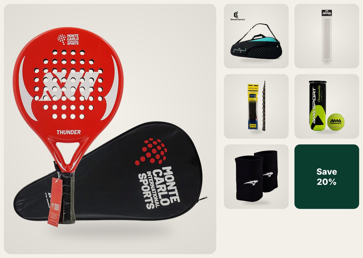 Racket with sling bag, overgrips, balls, edge tape and wristbands