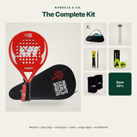 The Complete Kit: racket, sling bag, overgrips, balls, edge tape and wristbands